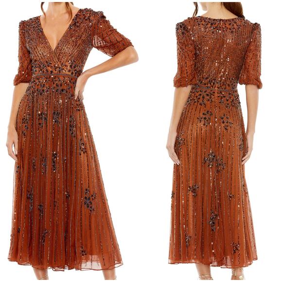 Mac Duggal NWT Cinnamon Puff Quarter Length Sleeve V-Neck Dress Embellished Sz 2 - Picture 1 of 9